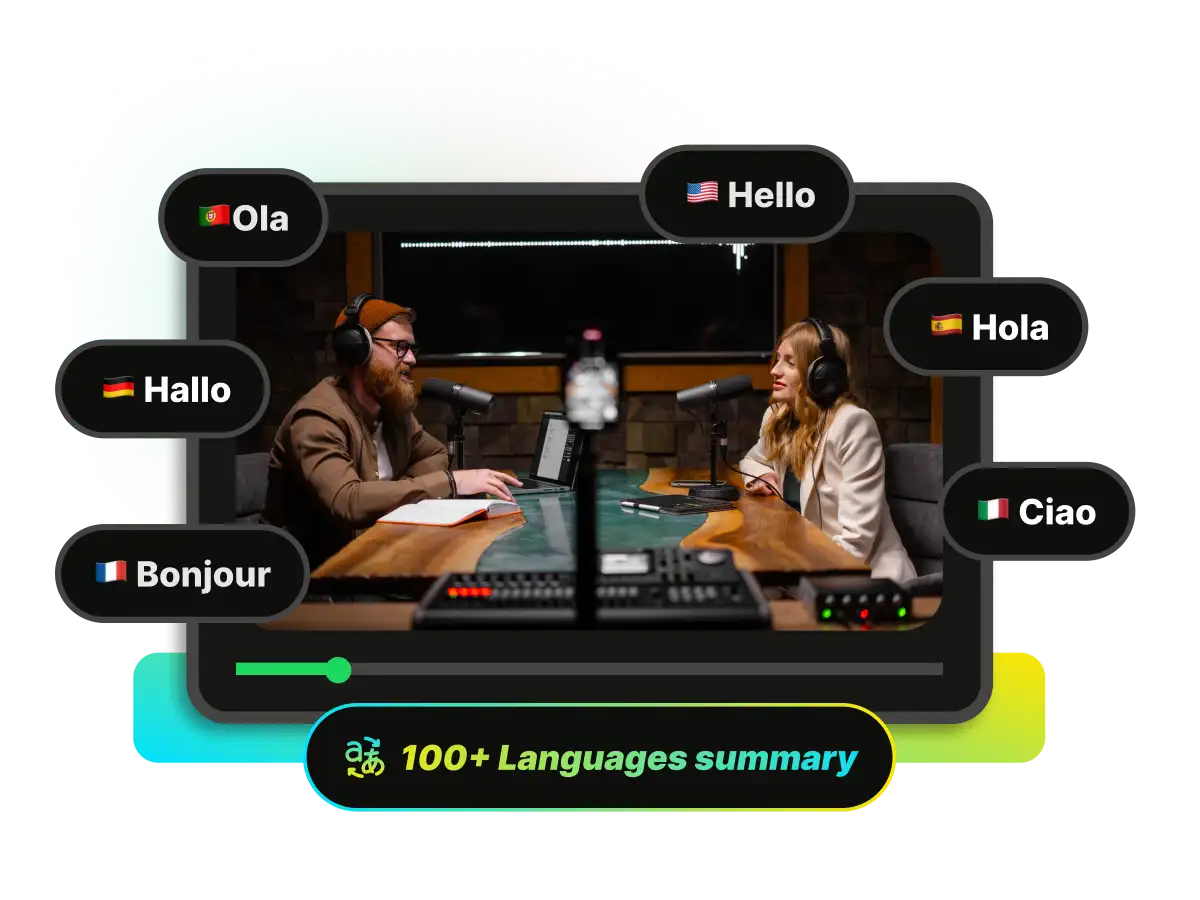 Podcast video player illustrating multi-language summary support with international flags and greetings